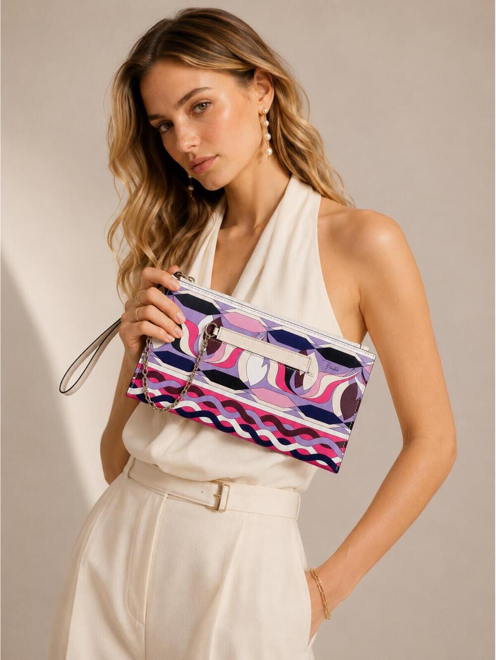 Pucci Geometric Print Leather Wristlet Clutch Pink Purple | Card Holder NWOT
